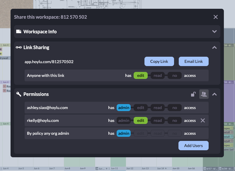Workspace sharing and permissions hoylu